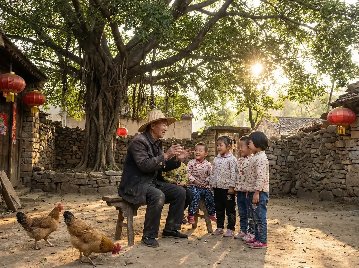 老人在大榕树下给孩子们讲故事 - 用我的手指头搅乱吧 乡村记忆